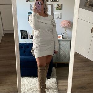 Victoria's Secret Winter White Bejeweled Sweater Dress with Tie Waist